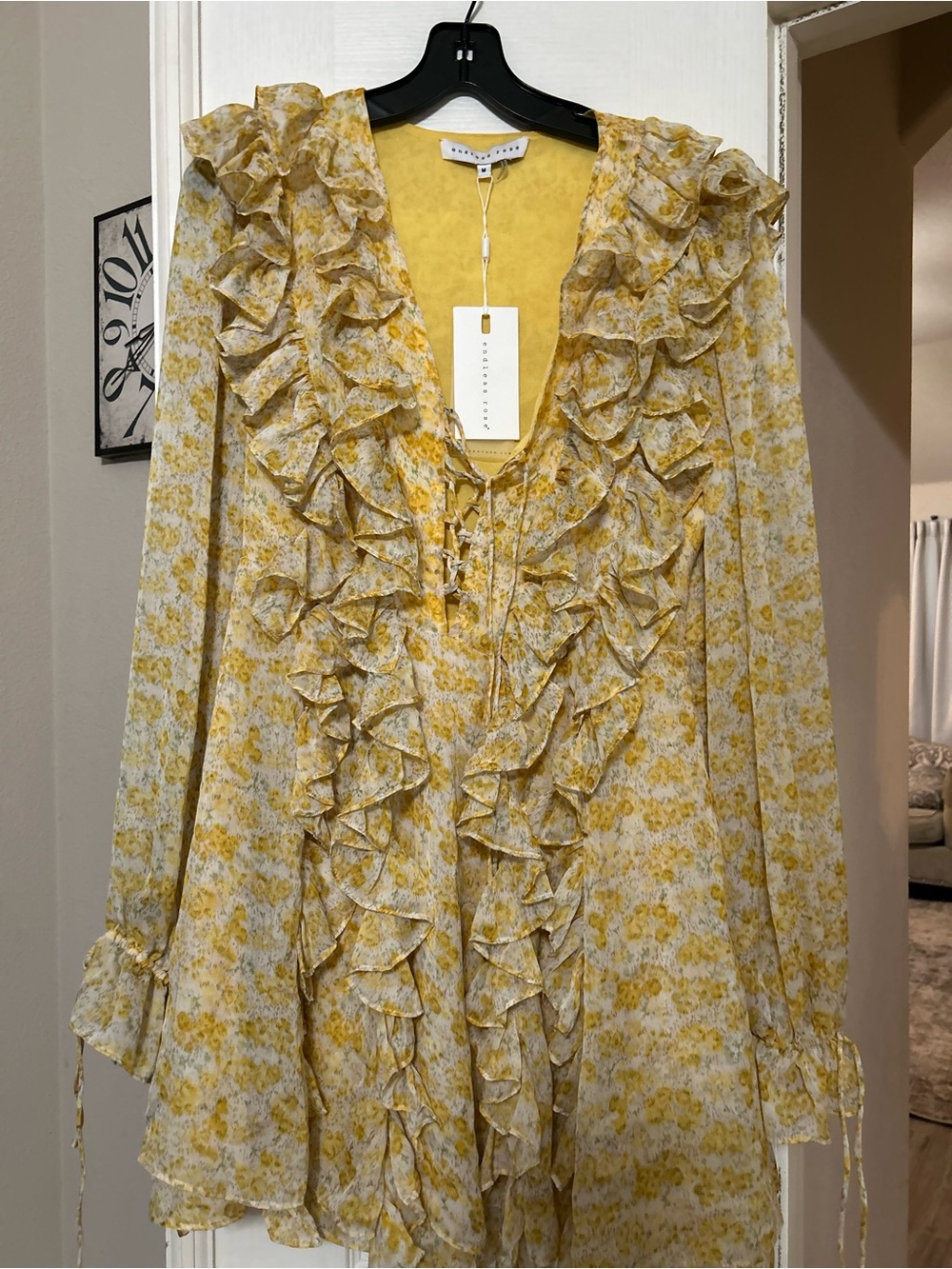 Endless Rose Yellow Floral Ruffle Tie-Front Tunic Dress